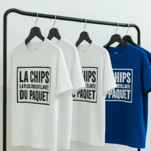 Quatre T-shirts suspendus sur des cintres, trois blancs avec un texte noir, et un bleu avec le même message.