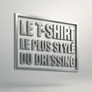 Logo en relief avec le texte 'LE T-SHIRT LE PLUS STYLE DU DRESSING'.