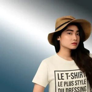 Une femme portant un T-shirt avec l'inscription 'Le T-shirt le plus stylé du dressing' et un chapeau.