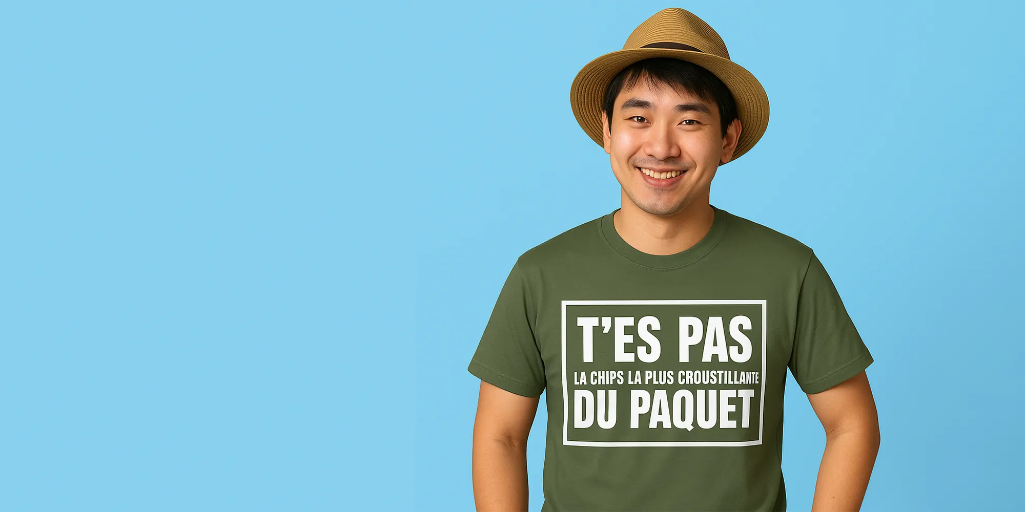 Un homme souriant porte un t-shirt vert olive avec un slogan en français sur un fond bleu clair.